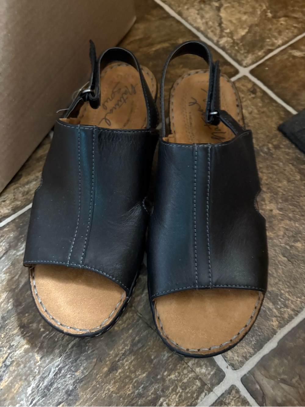 Natural Soul Black Leather Open-Toe Slingback Sandals